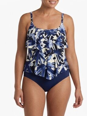 Maxine of Hollywood Blue Black Abstract Floral Two Tier Tankini Top Size 10